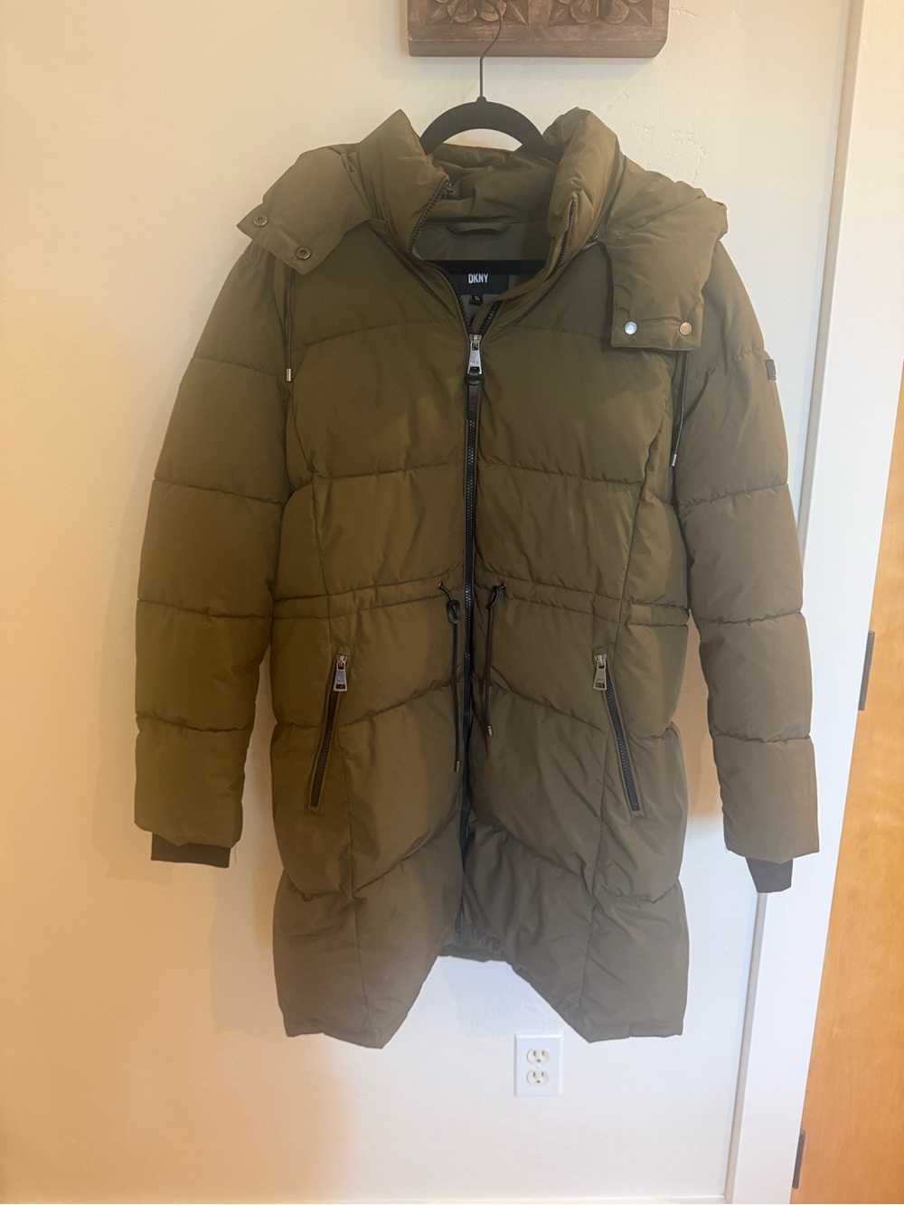 DKNY Olive Green Quilted Long Puffer Parka Coat Jacket